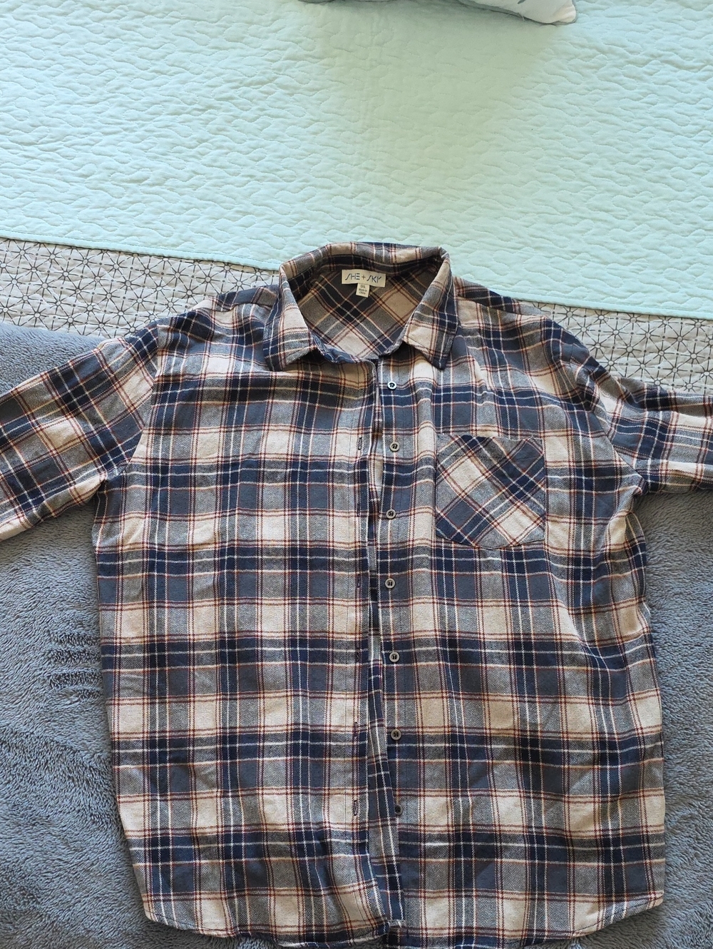Blue and Cream Plaid Women's Shacket Button-Up Shirt